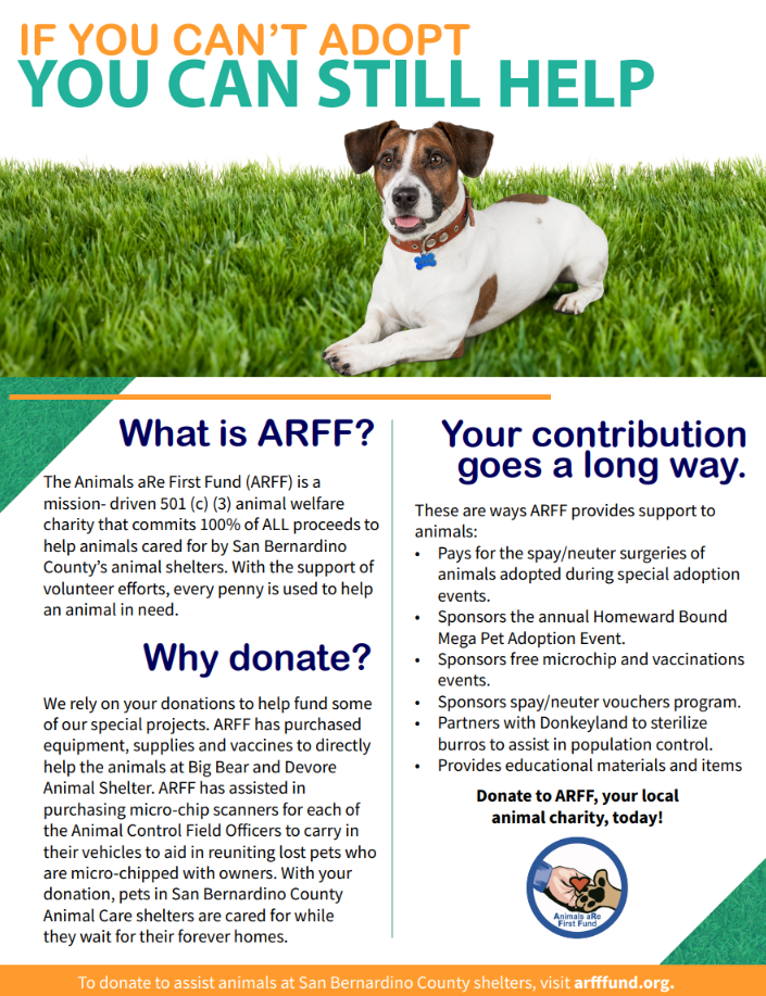 A flyer explaining how residents who cannot adopt a pet can still help by donating to the Animals aRe First Fund.
