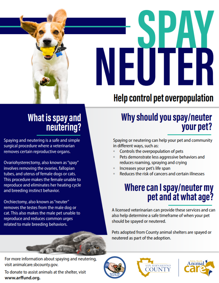 A flyer outlining good reasons to spay and neuter pets in order to help control pet overpopulation.