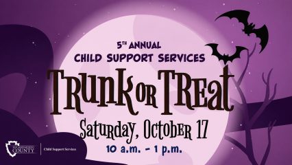 Event graphic for the 5th Annual Child Support Services Trunk or Treat on Saturday, October 17, from 10 a.m. to 1 p.m., featuring a purple Halloween theme with bats and the San Bernardino County Child Support Services logo.