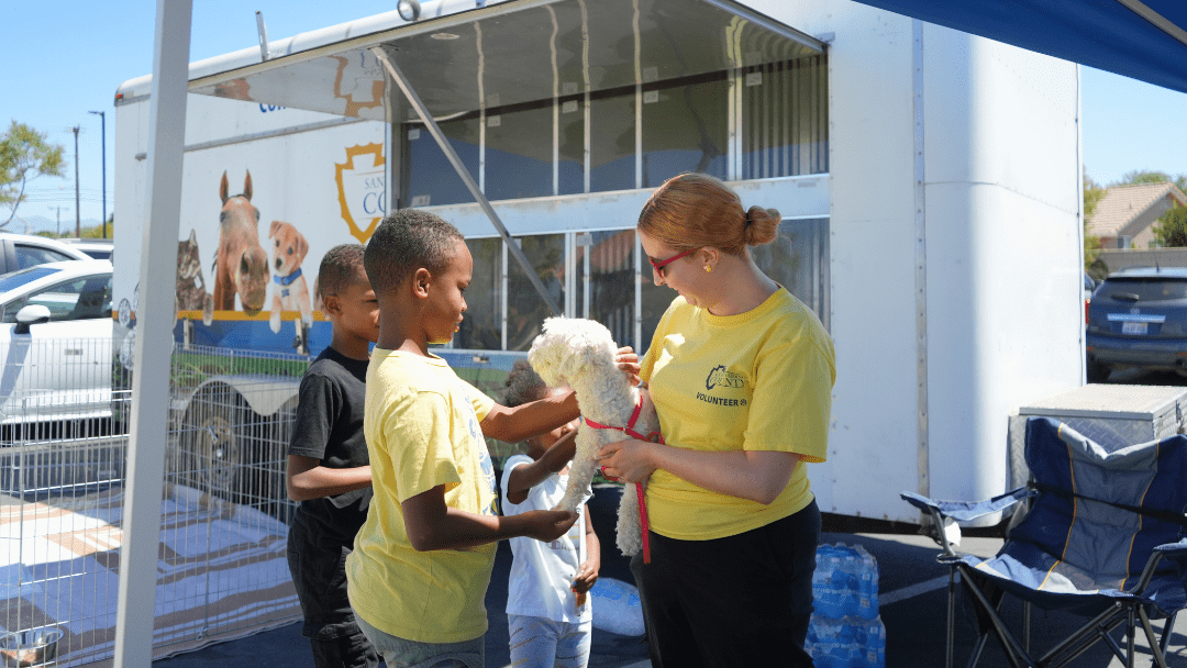 A standing volunteer holds an adoptable dog, introducing it to two children at a pet adoption event.