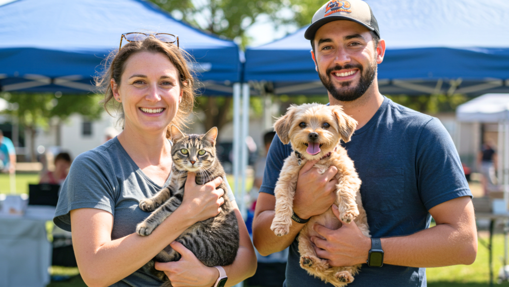 A woman holding her cat and a man holding his dog, both smiling at an outdoor event with canopy tents in the background.