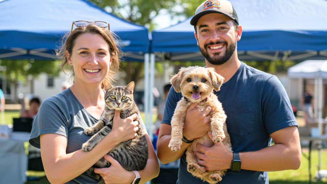 A woman holding her cat and a man holding his dog, both smiling at an outdoor event with canopy tents in the background.