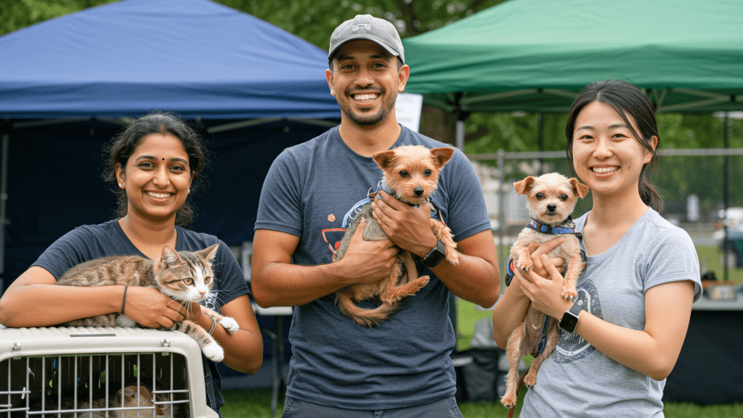 Three people smiling at an outdoor event with canopy tents in the background: a woman holding her cat and resting her arm on a pet carrier, a man holding his dog, and another woman standing with her cat.