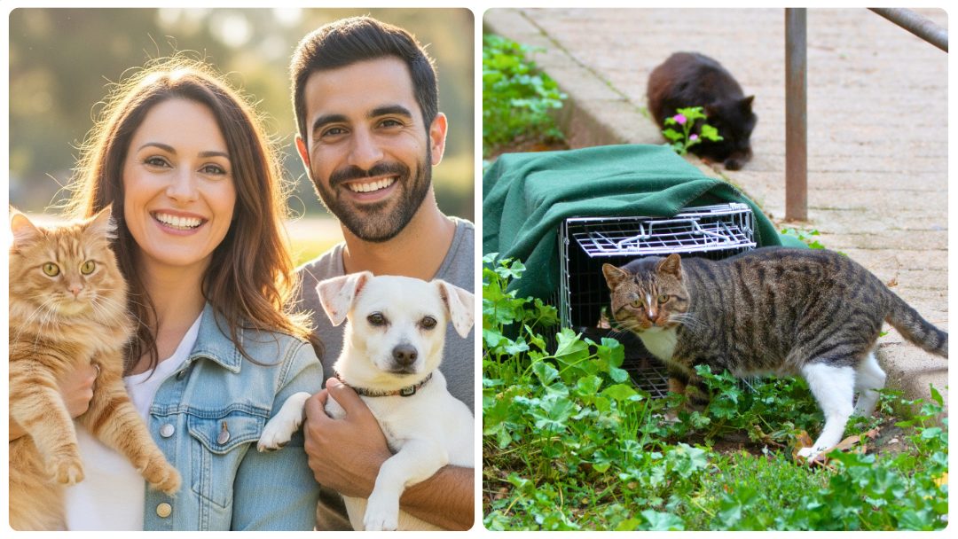 TNVR-Owned-Pets-Thumbnail-Events On the left, a man holds a dog while a woman holds a cat. On the right, a community cat outdoors cautiously approaches a humane trap as part of a Trap-Neuter-Vaccinate (TNV) program.