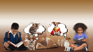 A boy sits next to a cat, reading a book out loud. Above the cat, a thought bubble shows it imagining enjoying a bowl of food. On the other side, a girl reads aloud beside a dog, whose thought bubble shows it dressed as a superhero. An open book in the center divides the two scenes.