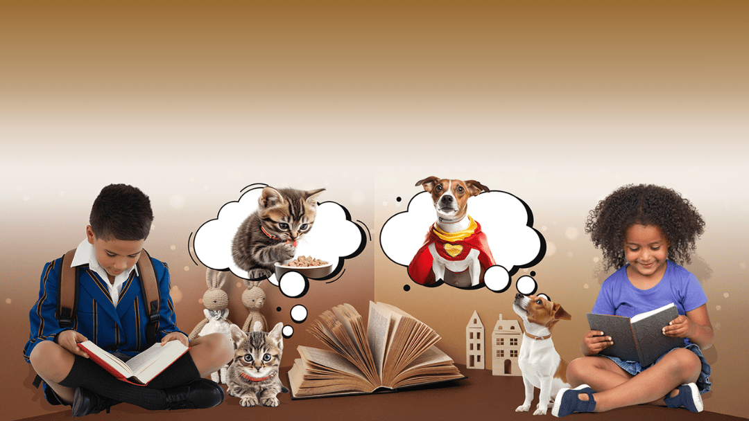 A boy sits next to a cat, reading a book out loud. Above the cat, a thought bubble shows it imagining enjoying a bowl of food. On the other side, a girl reads aloud beside a dog, whose thought bubble shows it dressed as a superhero. An open book in the center divides the two scenes.