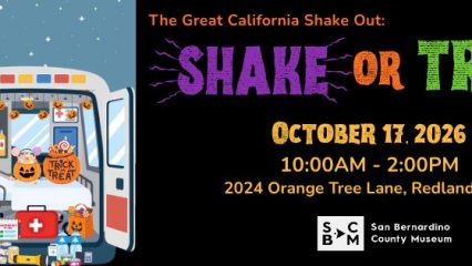 Event graphic for the Great California Shake Out “Shake or Treat,” showing a Halloween-themed emergency vehicle illustration and event details: October 17, 2026, 10 AM–2 PM, 2024 Orange Tree Lane, Redlands, CA, hosted by the San Bernardino County Museum.