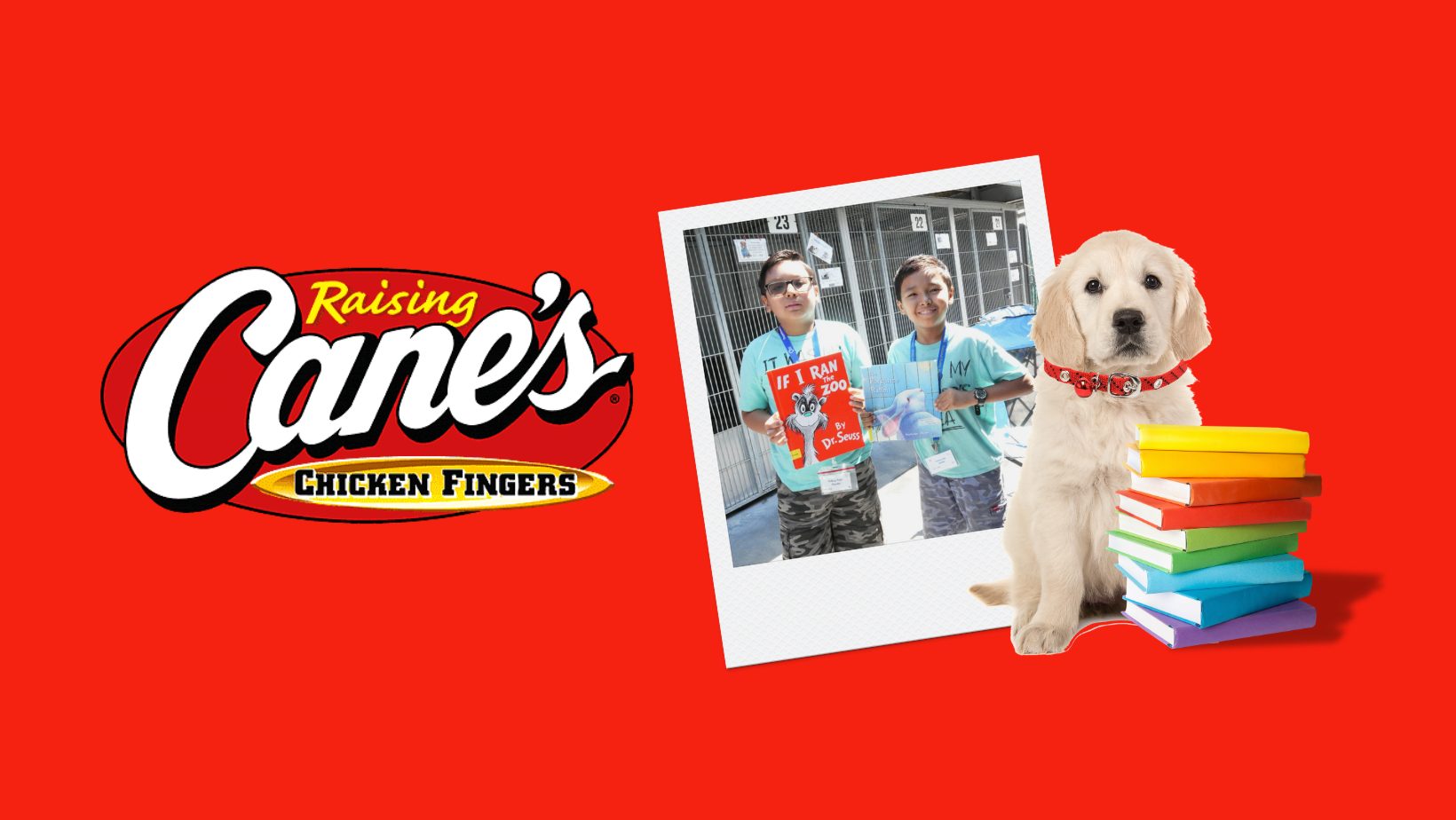 Raising Cane’s logo beside two boys with books and a golden retriever puppy with a stack of books.