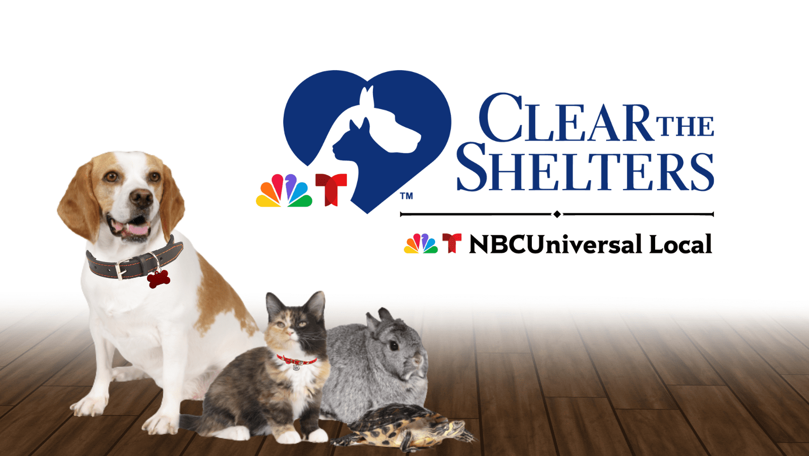 A dog, cat, rabbit, and turtle sit next to the Clear the Shelters logo
