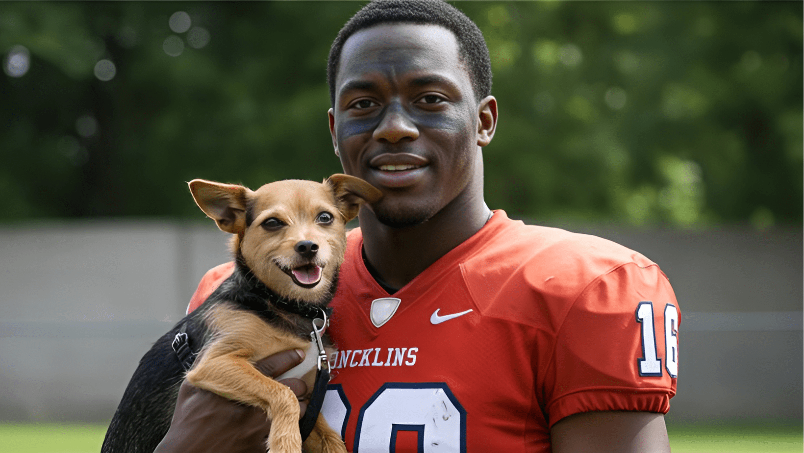 Football player holding a small dog.